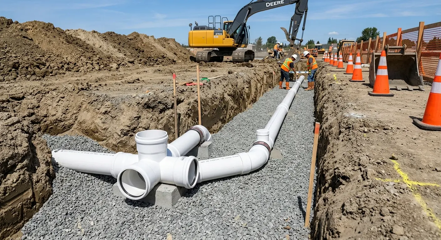 New PVC sewer pipe installation in open trench for Sewer Backup in California City