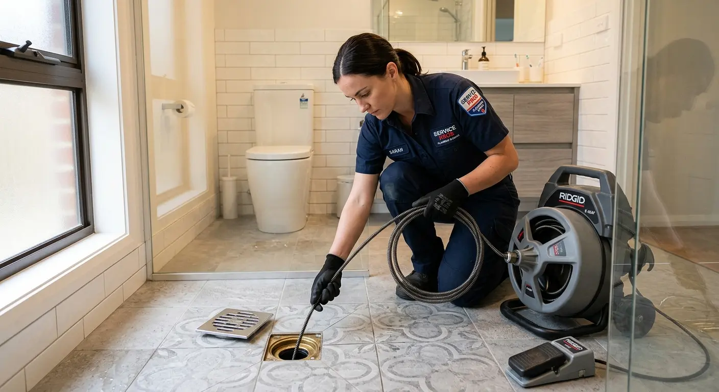 Technician clearing a bathroom floor drain for Sewer Line Replacement in California City